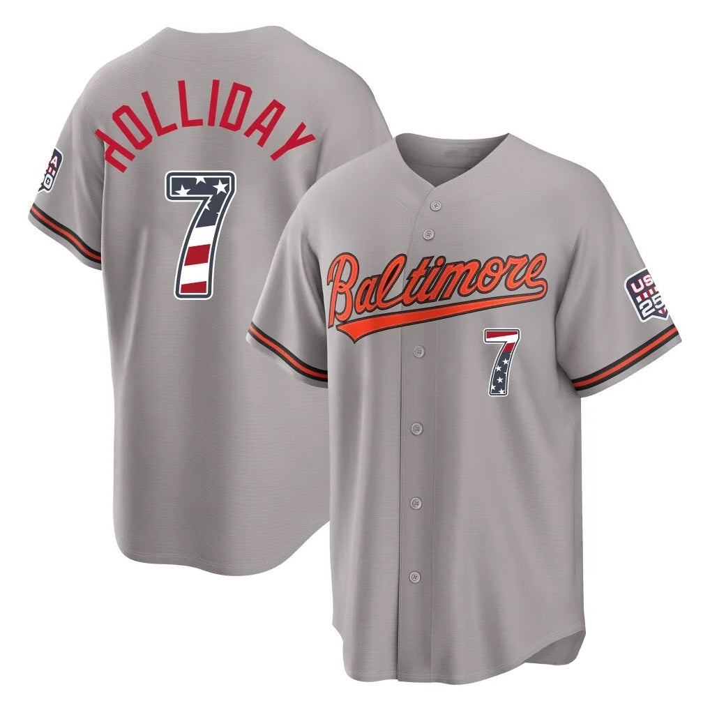 Baltimore Orioles #7 Jackson Holliday Player Gray USA 250 Fourth of July Home Game Stitched Baseball Jersey