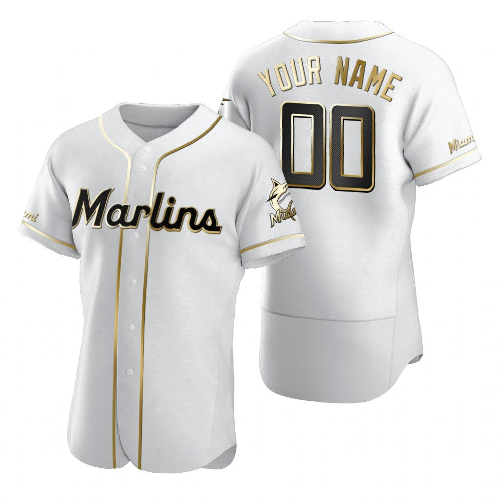 Custom Miami Marlins White Stitched Flex Base Golden Edition Baseball Jersey