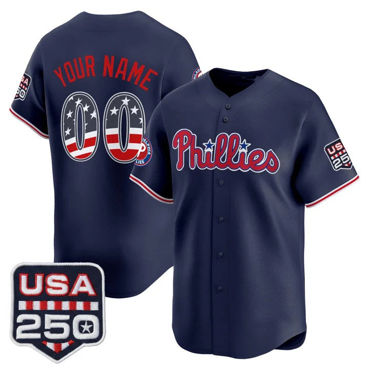 Custom Philadelphia Phillies Navy USA 250 Fourth of July Vapor Premier Limited Jersey - All Stitched Baseball Jersey
