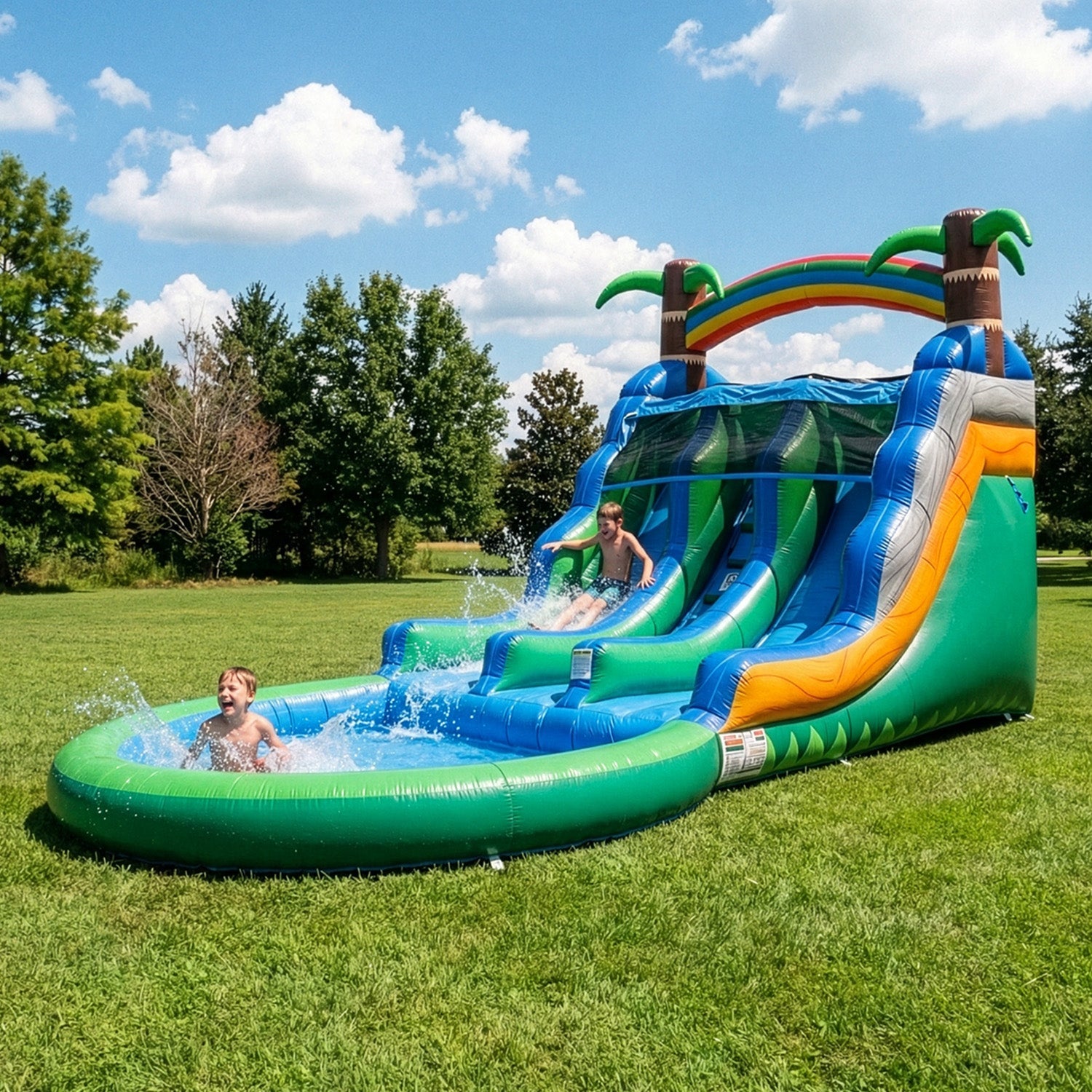 POP JUMP Tropical Island 13' Dual Lane Center Climb Waterslide with Attached Pool