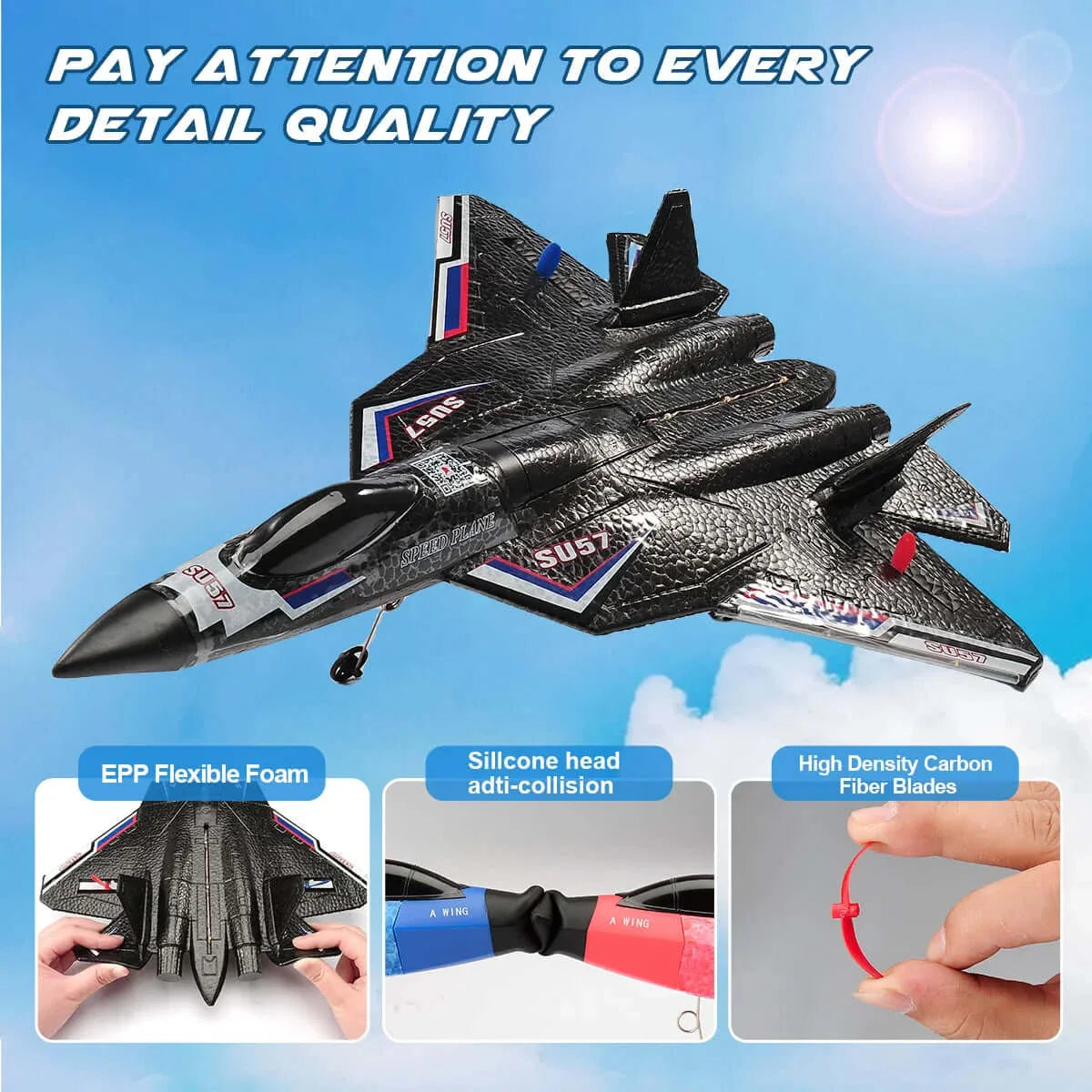 SU57 RC Plane: 2.4G Light-Up Foam Aircraft for Kids - Hand Thrown, Fixed Wing Toy