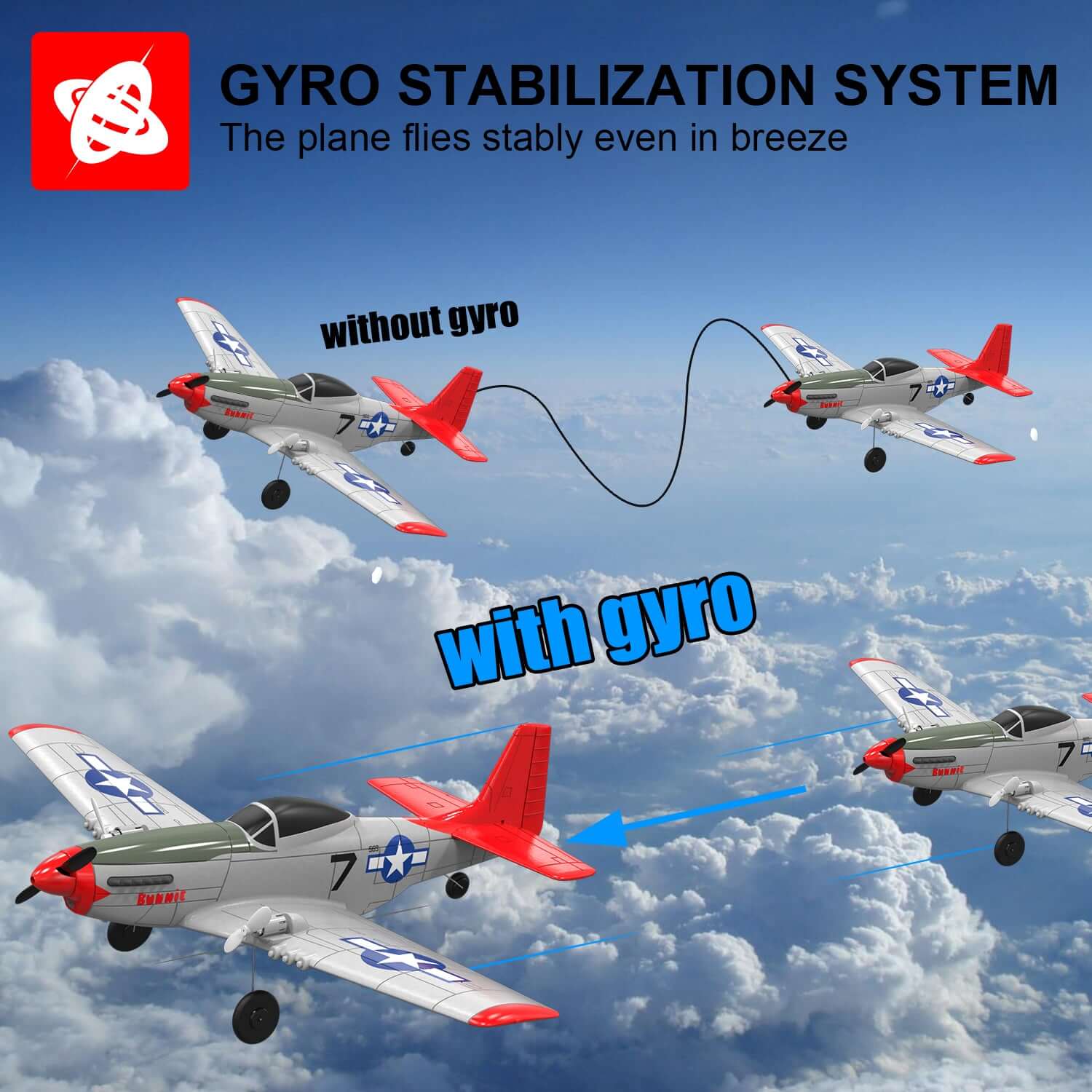 Mustang P51D 2CH Beginner RC Airplane with Gyro Stabilizer for Kids