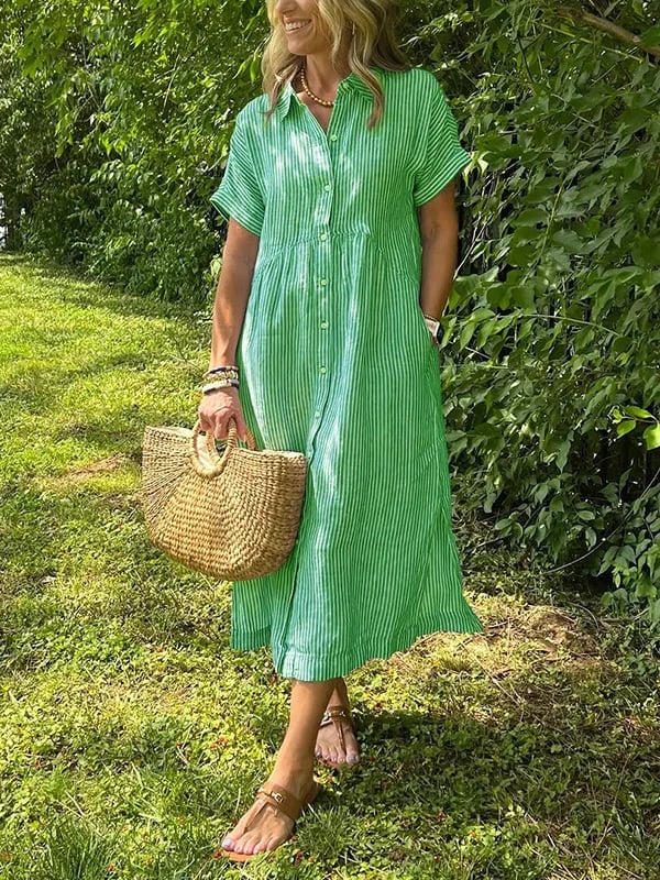 🌸Spring Sale-49% Off💃Striped Lapel Button Down Shirt Dress | With Functional Pockets