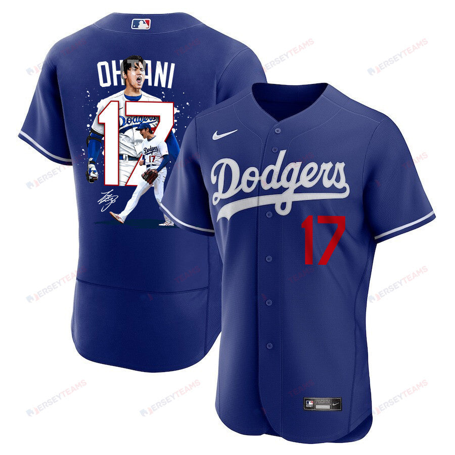 Shohei Ohtani 17 Los Angeles Dodgers Signed Number 2023 Alternate ELITE Jersey - Men Royal Jersey