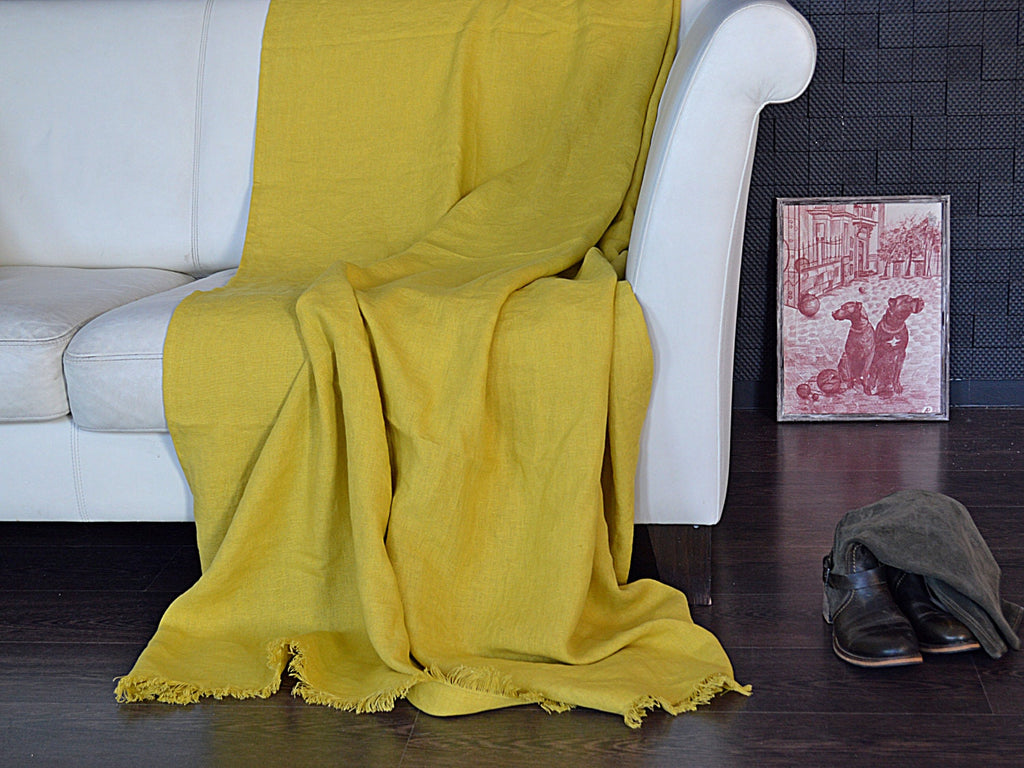 Linen Throw blanket Heavy weight Softened Summer plaid Mustard