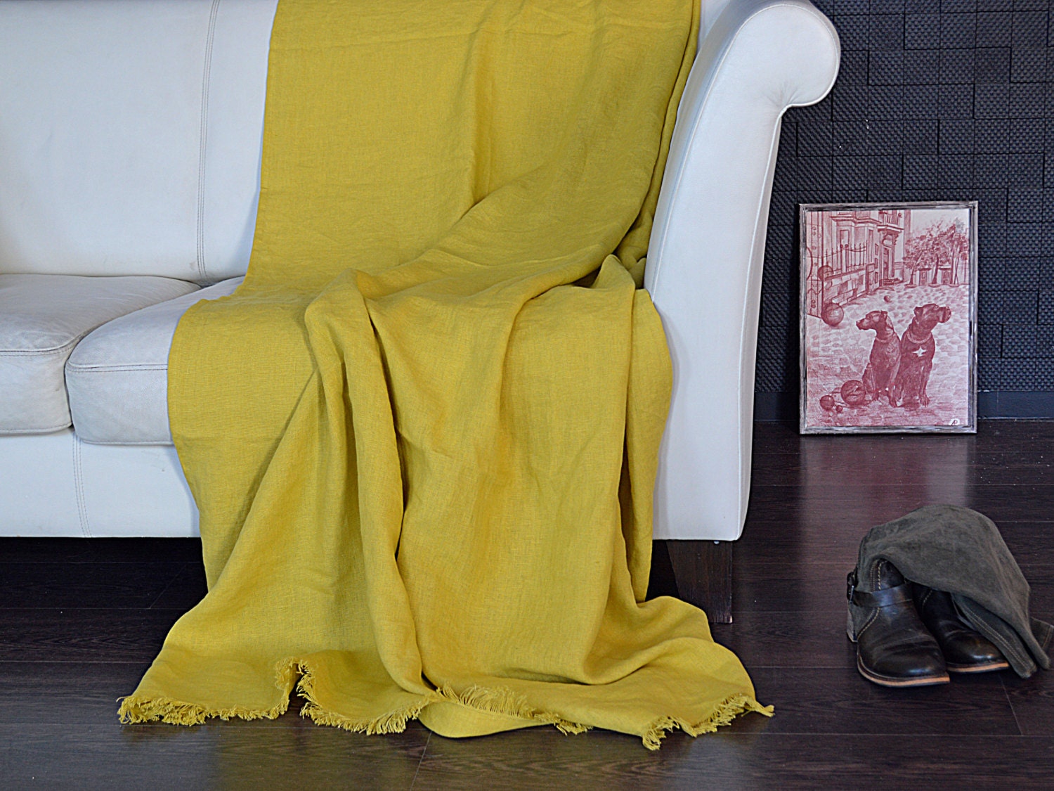 Linen Throw blanket Heavy weight Softened Summer plaid Mustard