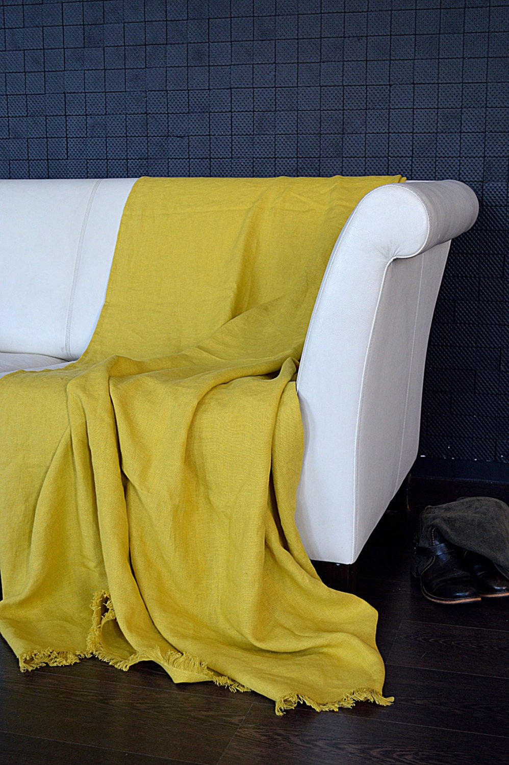 Linen Throw blanket Heavy weight Softened Summer plaid Mustard