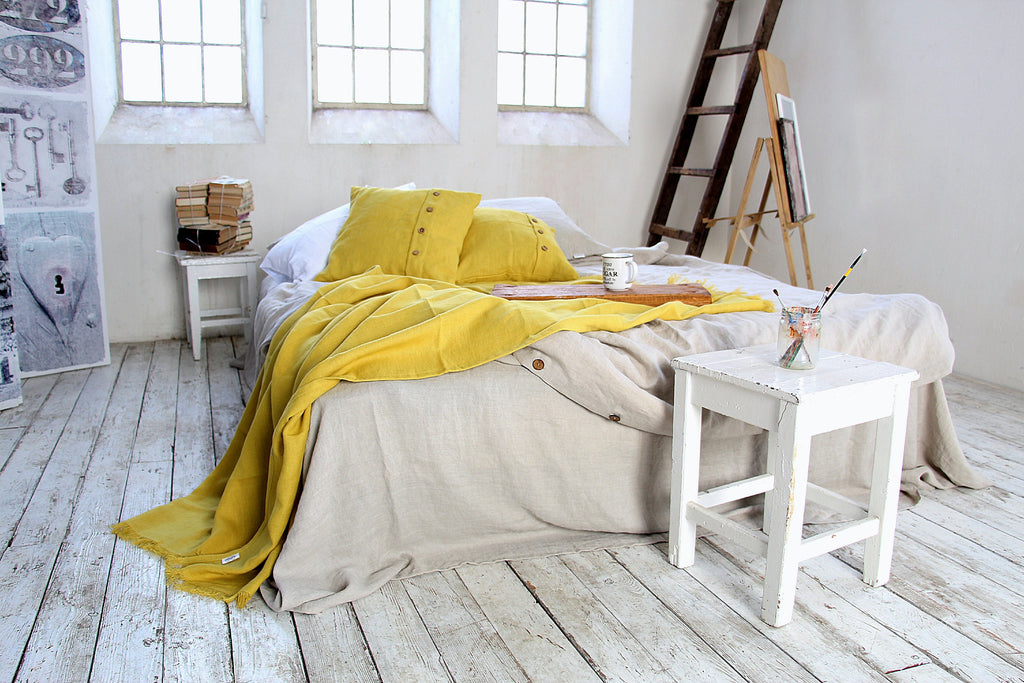 Linen Throw blanket Heavy weight Softened Summer plaid Mustard