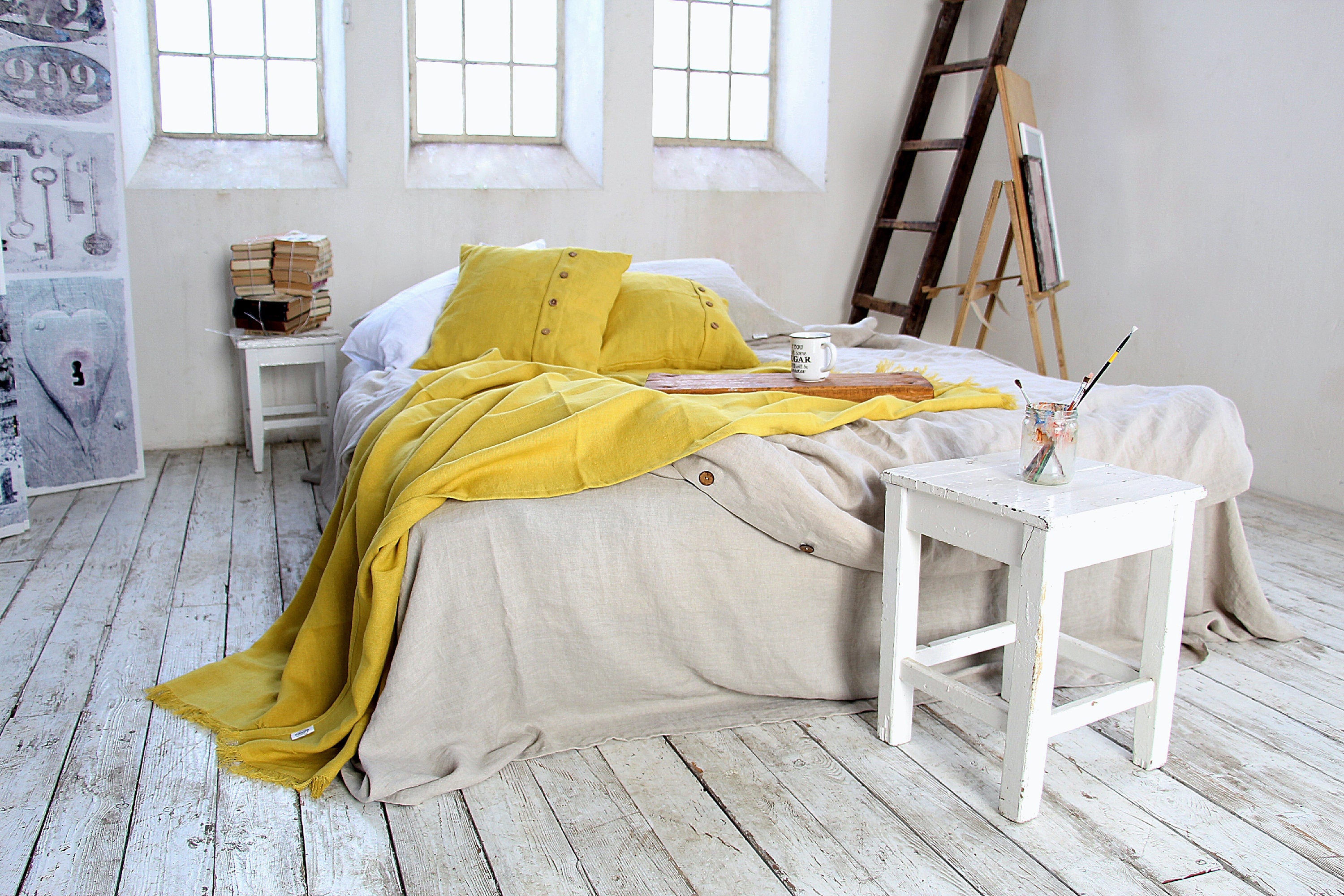 Linen Throw blanket Heavy weight Softened Summer plaid Mustard