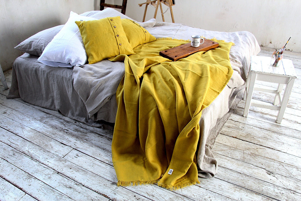 Linen Throw blanket Heavy weight Softened Summer plaid Mustard
