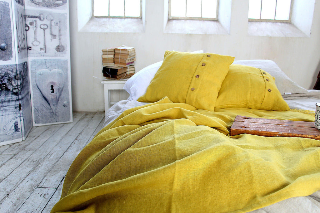 Linen Throw blanket Heavy weight Softened Summer plaid Mustard