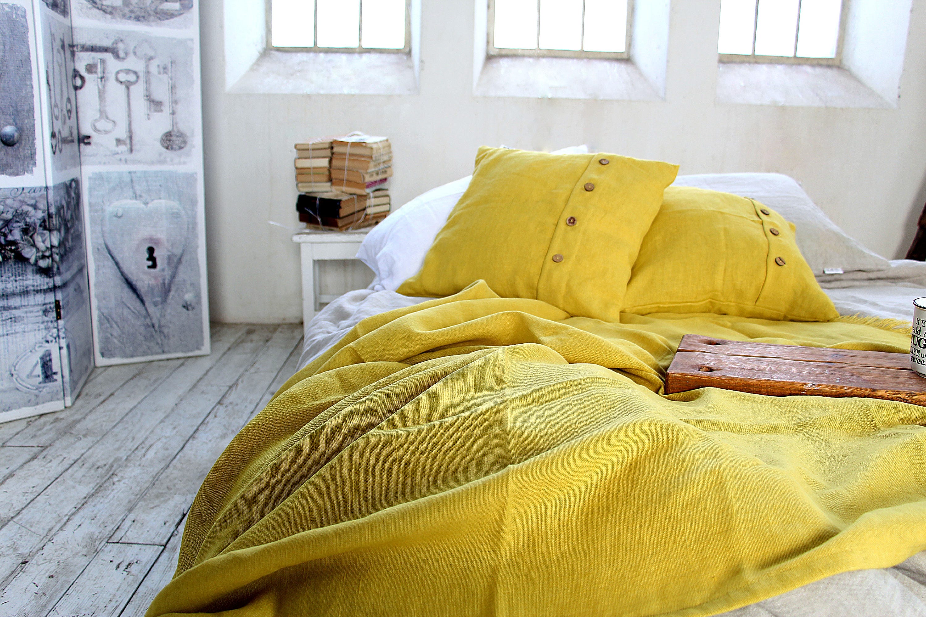 Linen Throw blanket Heavy weight Softened Summer plaid Mustard