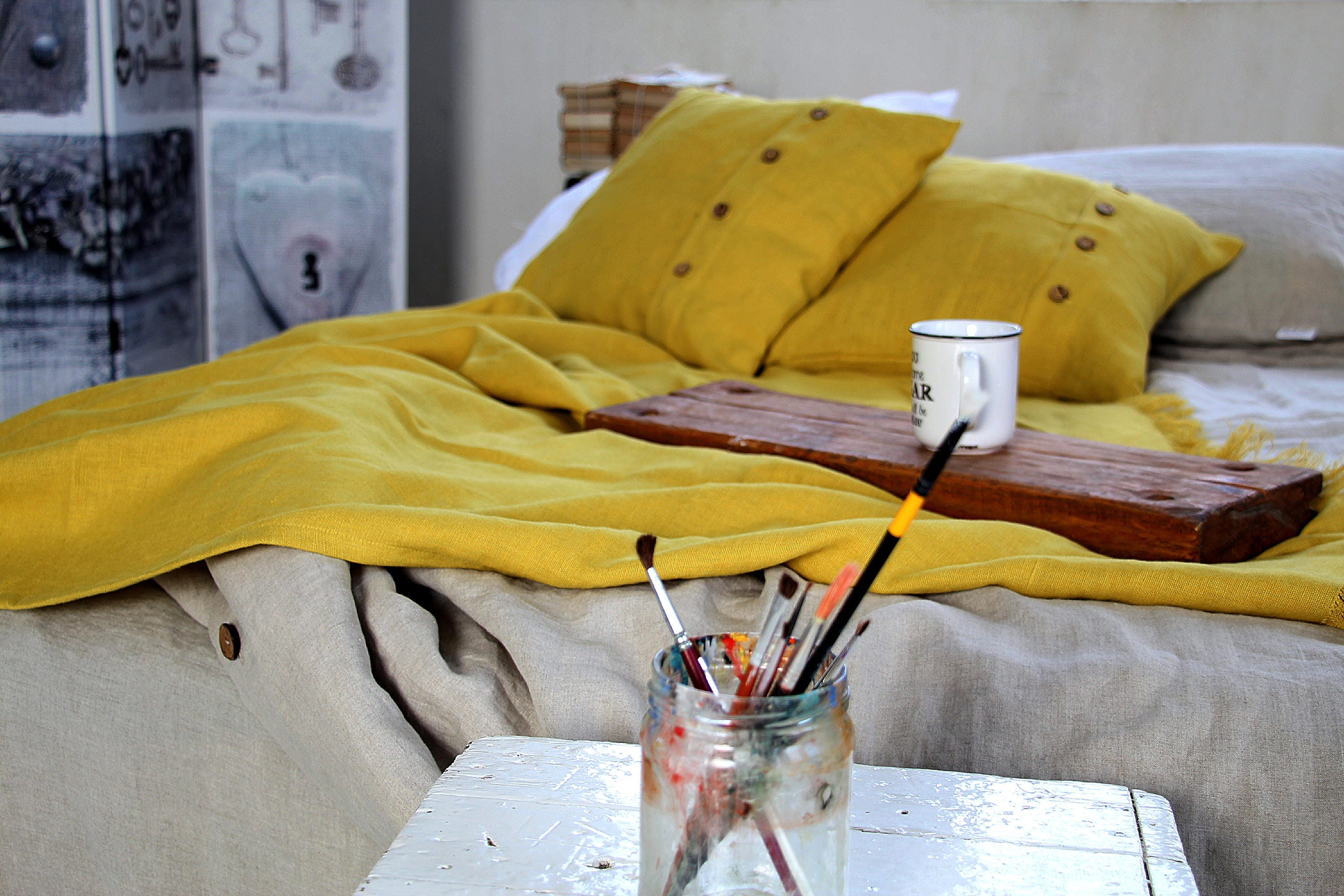 Linen Throw blanket Heavy weight Softened Summer plaid Mustard