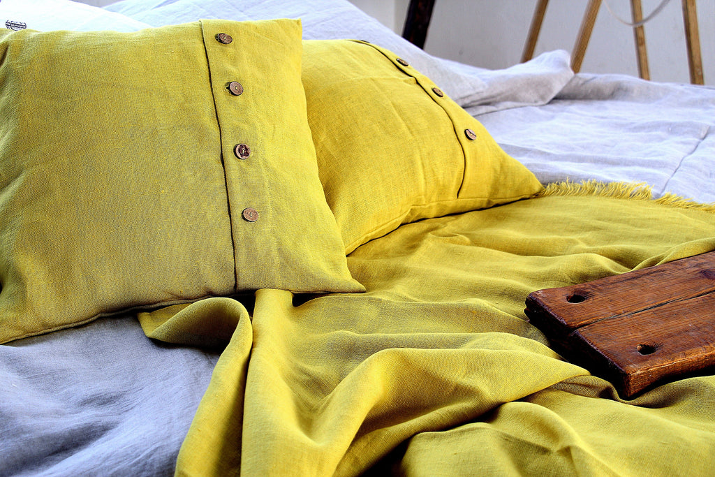 Linen Throw blanket Heavy weight Softened Summer plaid Mustard