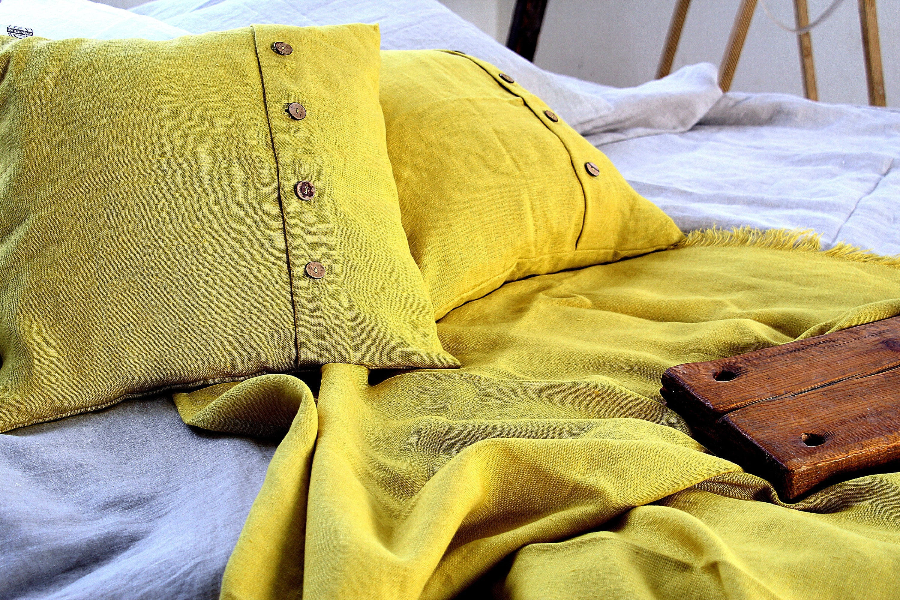 Linen Throw blanket Heavy weight Softened Summer plaid Mustard