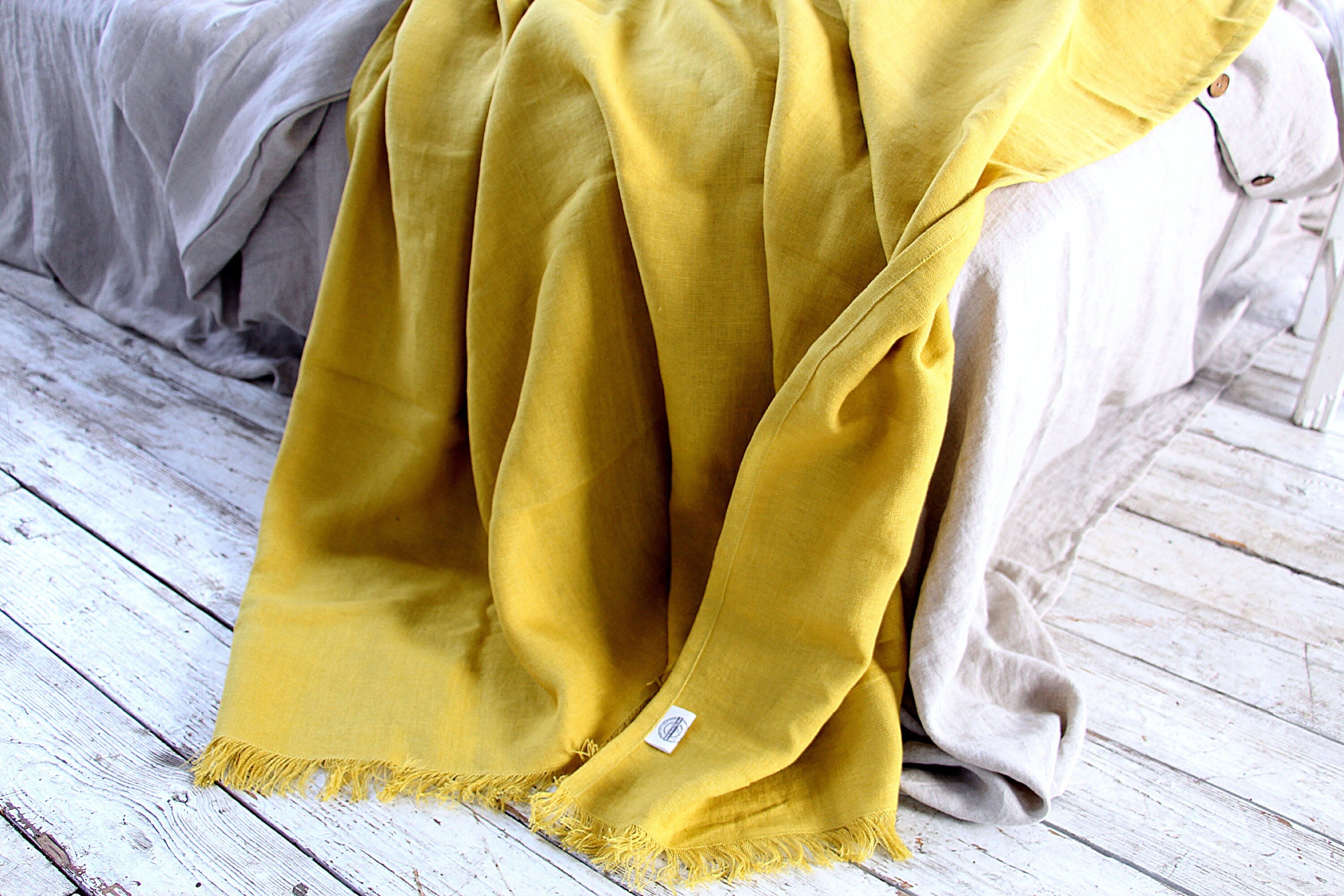 Linen Throw blanket Heavy weight Softened Summer plaid Mustard