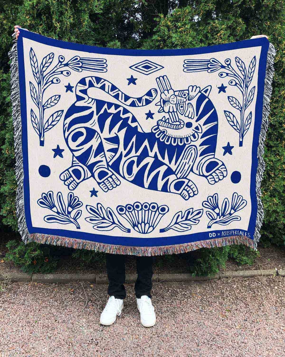 Botanic Tiger Woven Tapestry: Asis Percales Art, Cotton Throw Blanket