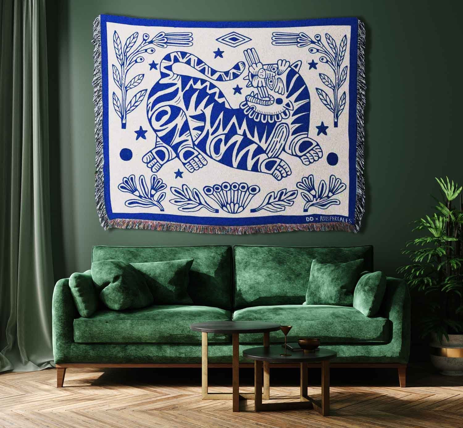 Botanic Tiger Woven Tapestry: Asis Percales Art, Cotton Throw Blanket