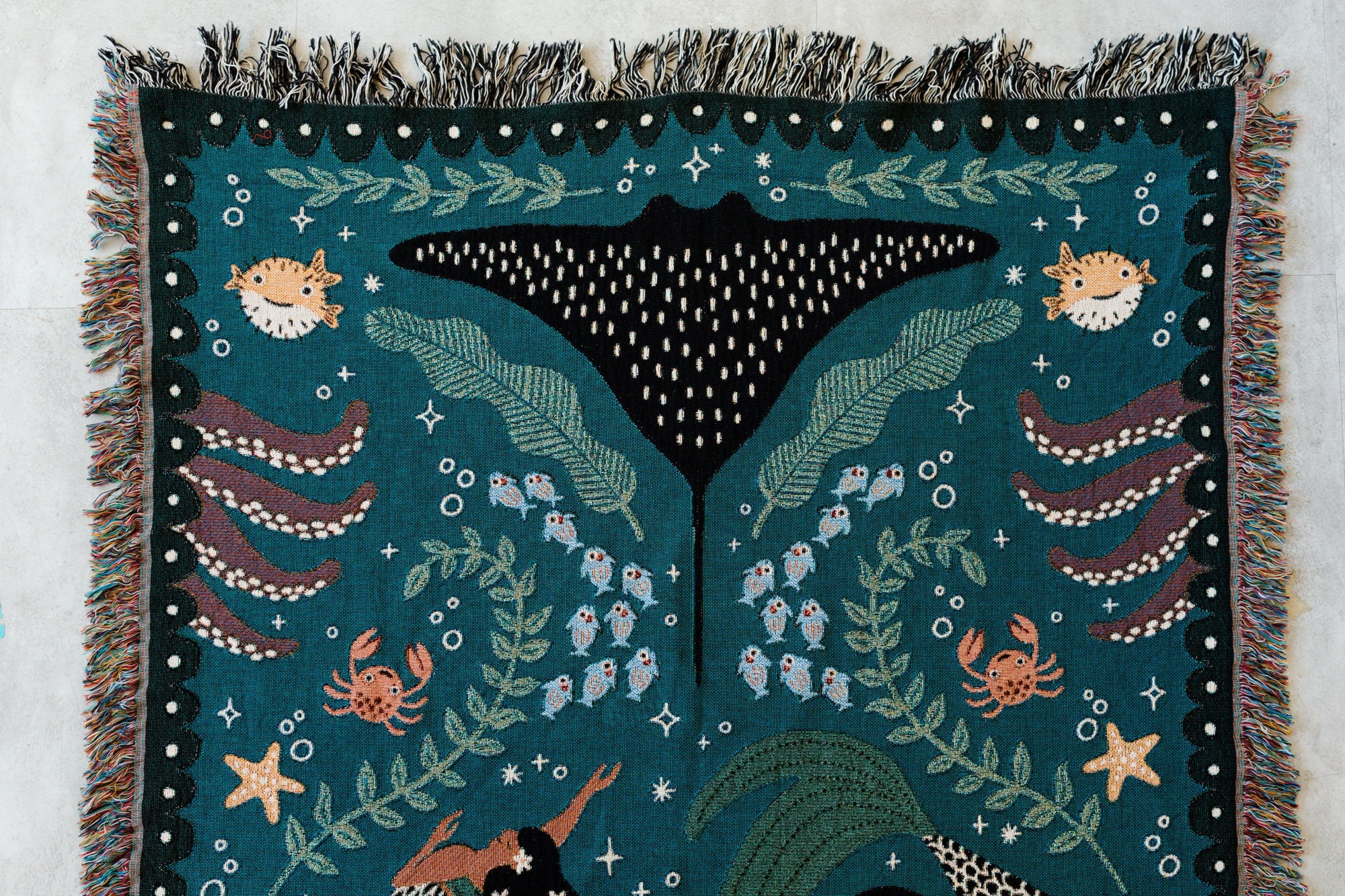 Mermaids Throw Blanket: Personalized Gift for Girl Boy Teen, Baby Shower, Woven Colourful Teal, Maximalist Ocean Animal Bedding Kawaii