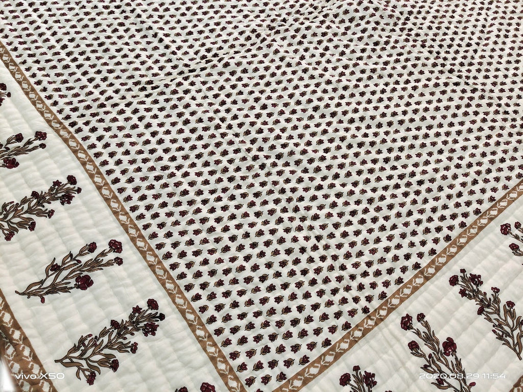 Brown Floral Block Print Quilt, Handmade Reversible Cotton Kantha Bedspread