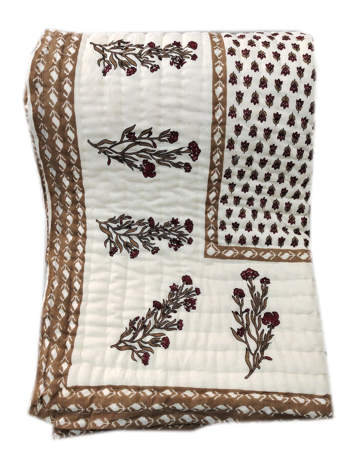 Brown Floral Block Print Quilt, Handmade Reversible Cotton Kantha Bedspread