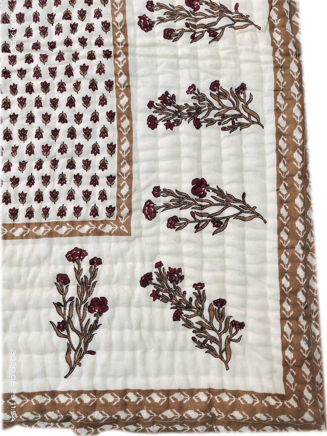 Brown Floral Block Print Quilt, Handmade Reversible Cotton Kantha Bedspread