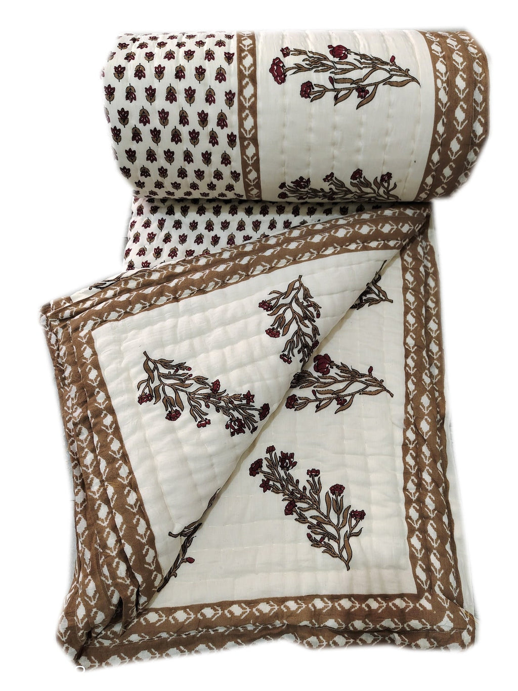 Brown Floral Block Print Quilt, Handmade Reversible Cotton Kantha Bedspread