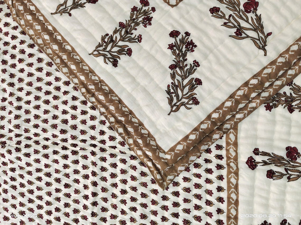 Brown Floral Block Print Quilt, Handmade Reversible Cotton Kantha Bedspread