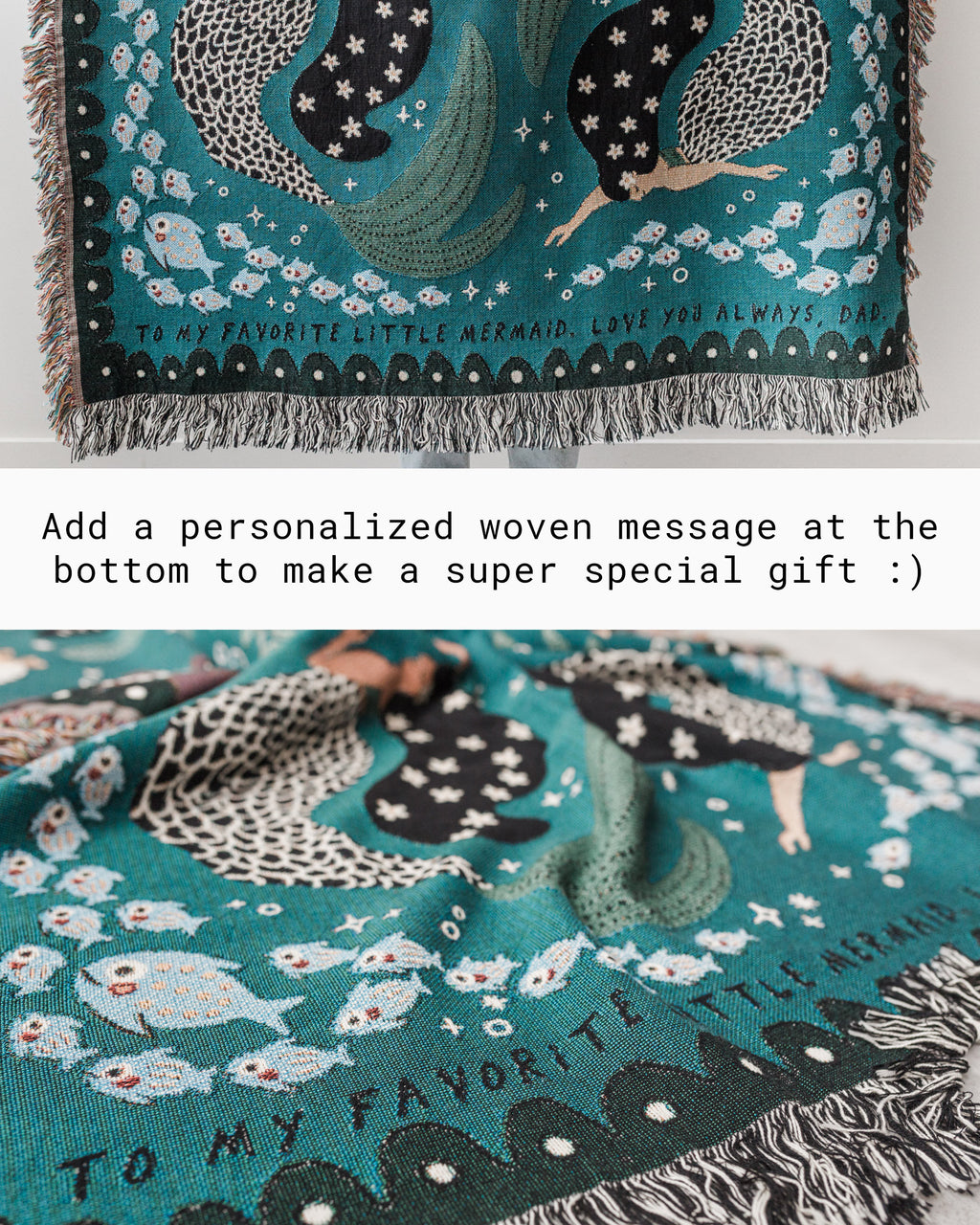 Mermaids Throw Blanket: Personalized Gift for Girl Boy Teen, Baby Shower, Woven Colourful Teal, Maximalist Ocean Animal Bedding Kawaii