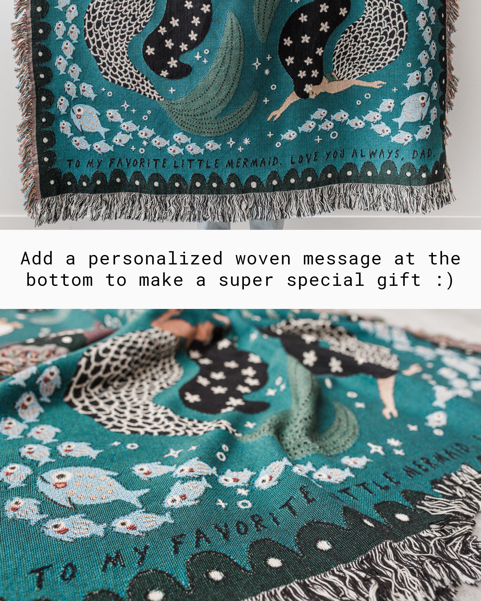 Mermaids Throw Blanket: Personalized Gift for Girl Boy Teen, Baby Shower, Woven Colourful Teal, Maximalist Ocean Animal Bedding Kawaii