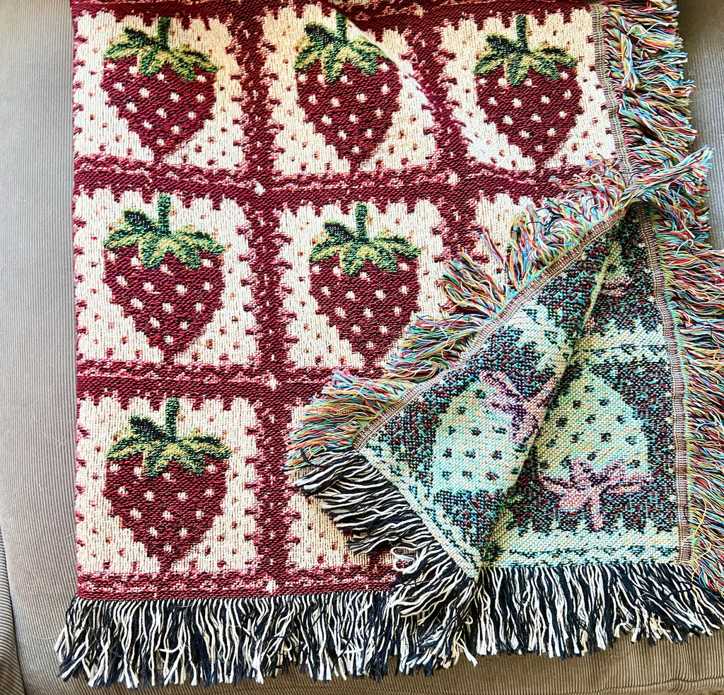 Strawberry Blanket Cotton Woven Throw Blanket, Granny Square Cottagecore Room Decor, Gift for Mom Coquette Aesthetic Wall Art Tapestry