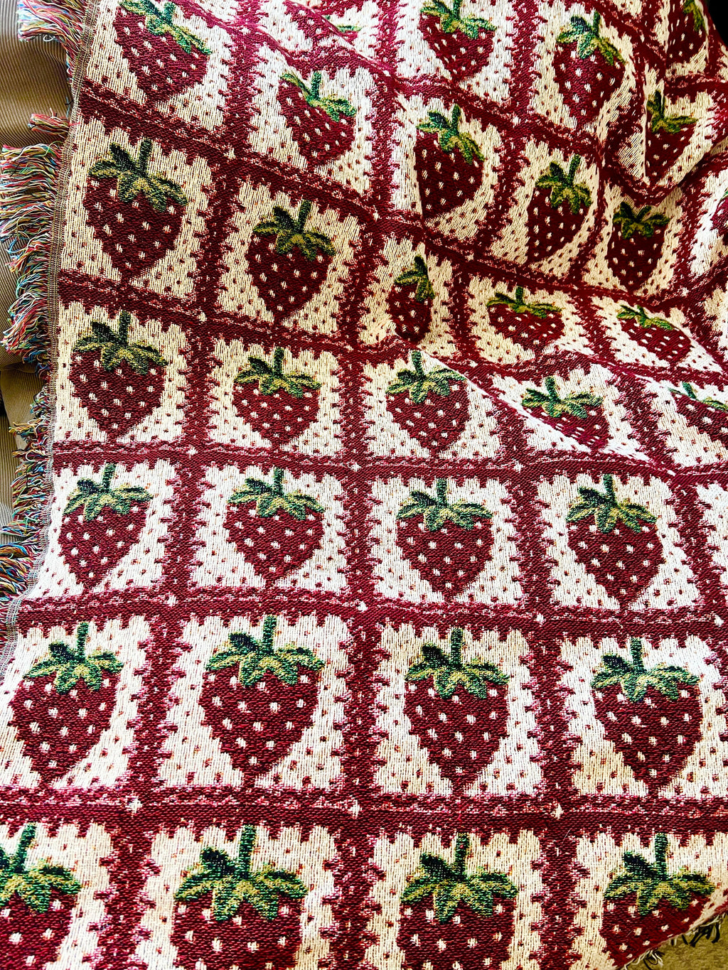 Strawberry Blanket Cotton Woven Throw Blanket, Granny Square Cottagecore Room Decor, Gift for Mom Coquette Aesthetic Wall Art Tapestry