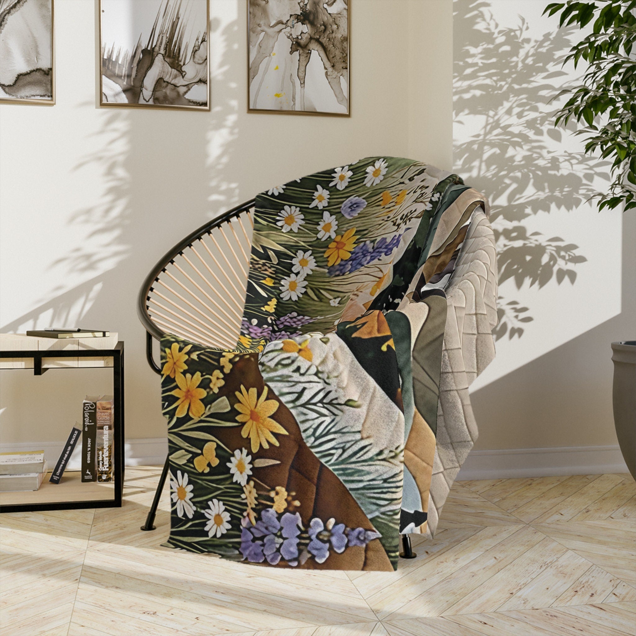 Mountain Forest Wildflowers Plush Blanket, Printed Quilt-Look Throw, Lightweight Soft Cozy 40"x30", 60"x50", 80"x60",