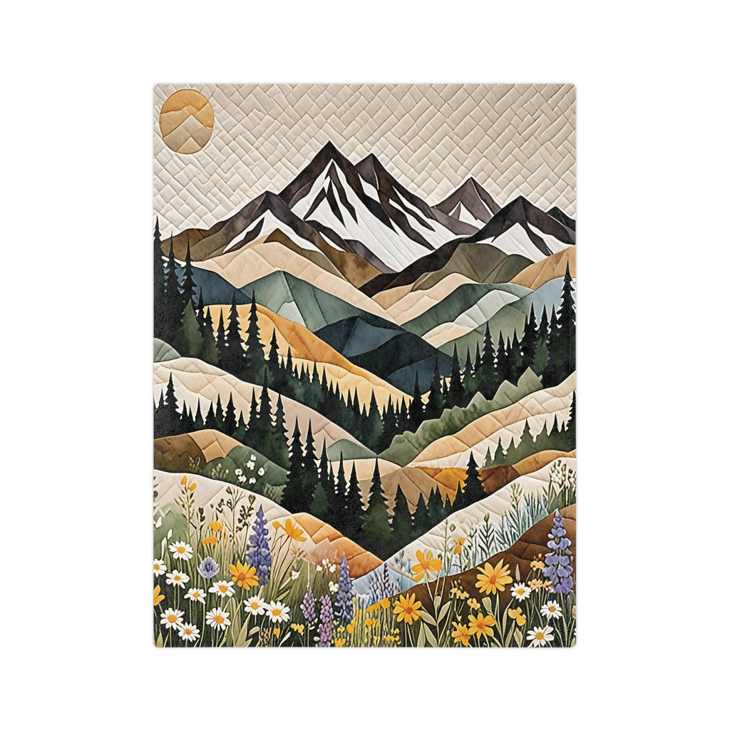 Mountain Forest Wildflowers Plush Blanket, Printed Quilt-Look Throw, Lightweight Soft Cozy 40"x30", 60"x50", 80"x60",