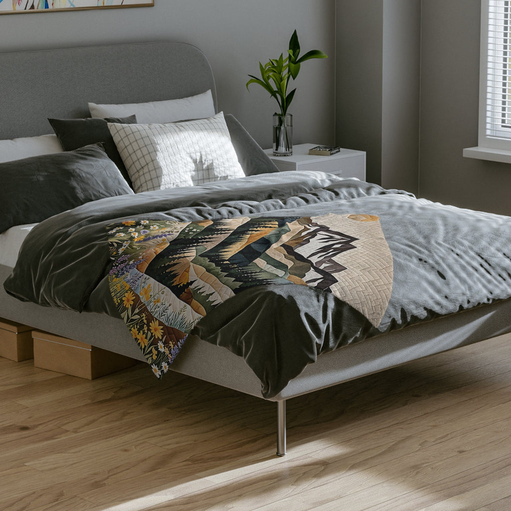 Mountain Forest Wildflowers Plush Blanket, Printed Quilt-Look Throw, Lightweight Soft Cozy 40"x30", 60"x50", 80"x60",