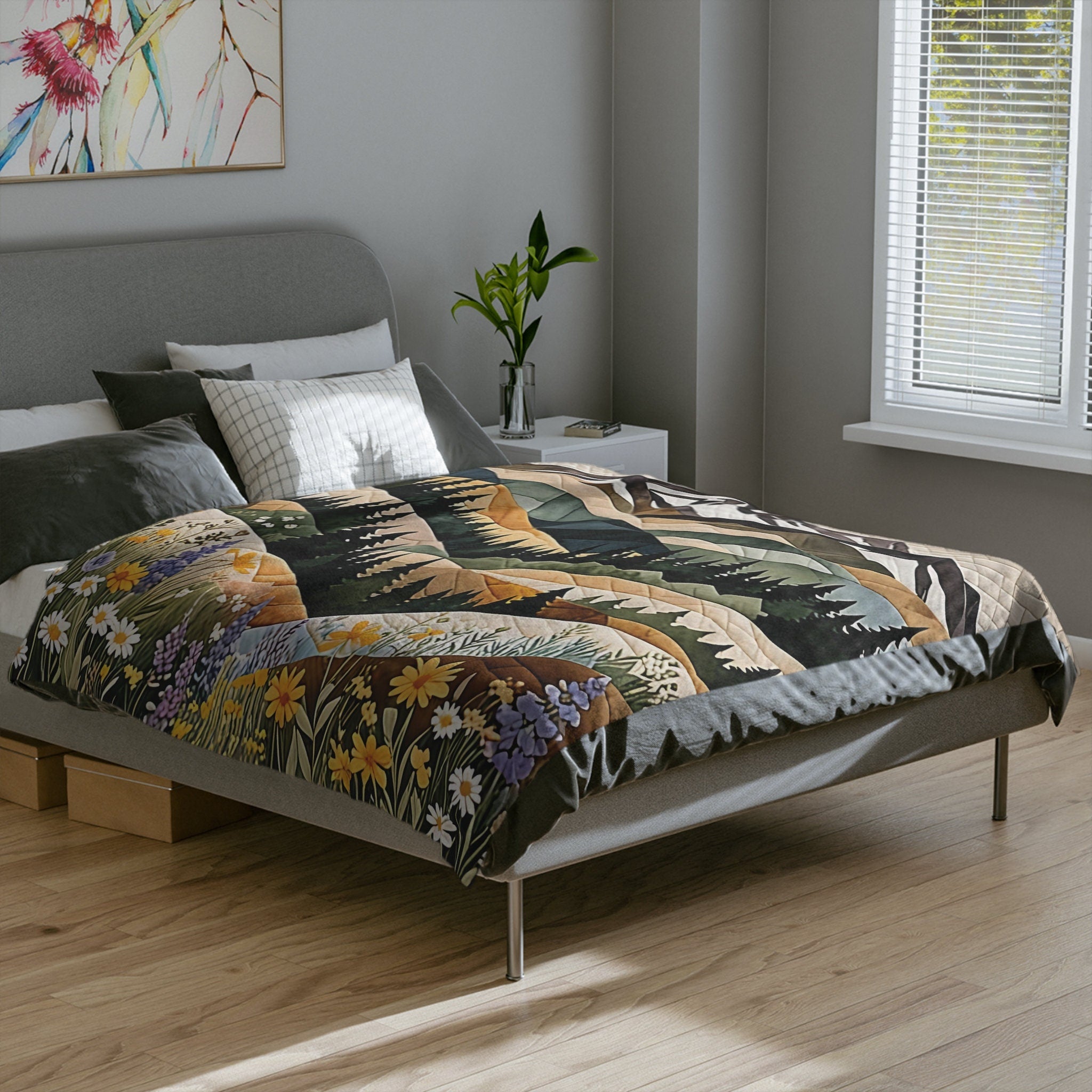 Mountain Forest Wildflowers Plush Blanket, Printed Quilt-Look Throw, Lightweight Soft Cozy 40"x30", 60"x50", 80"x60",