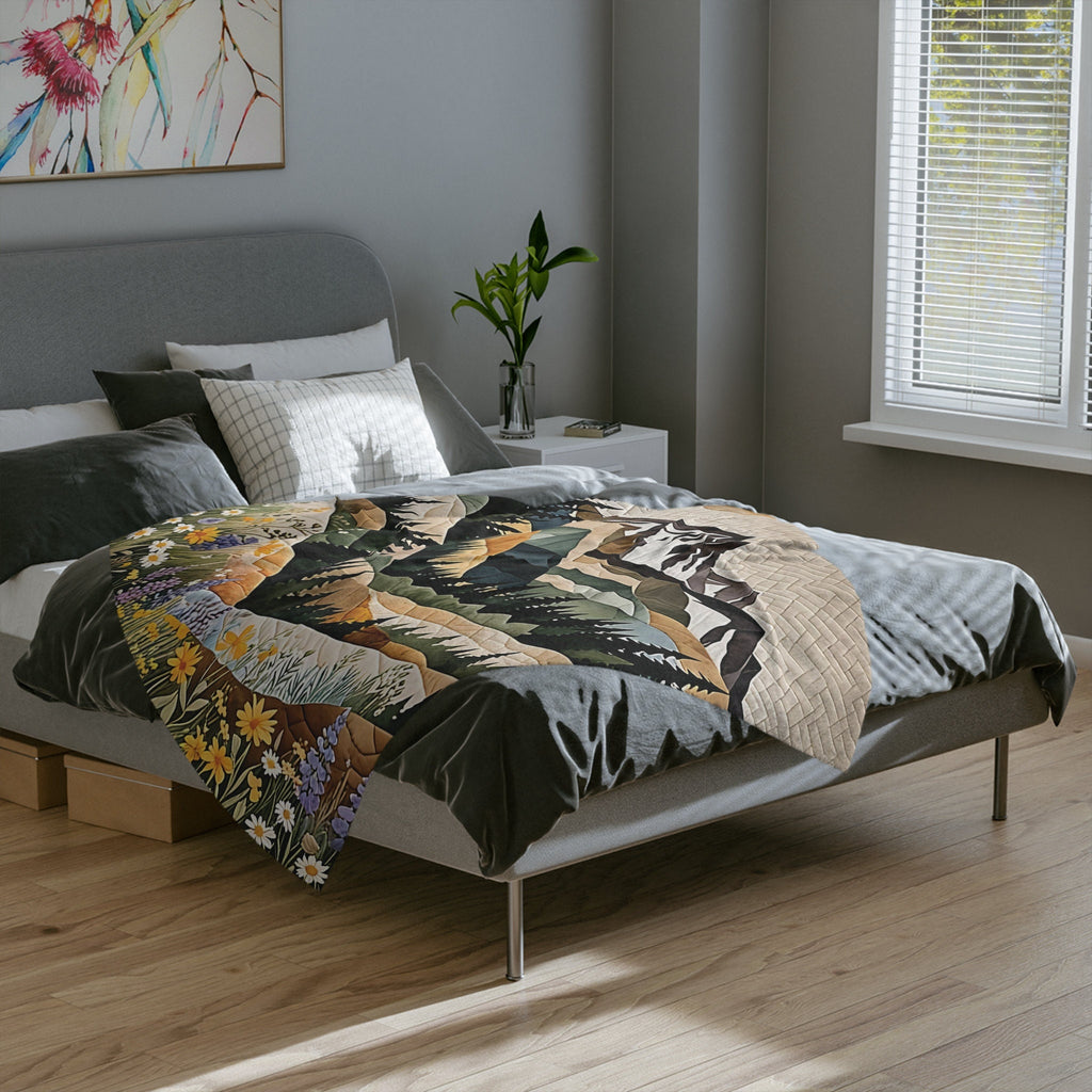 Mountain Forest Wildflowers Plush Blanket, Printed Quilt-Look Throw, Lightweight Soft Cozy 40"x30", 60"x50", 80"x60",
