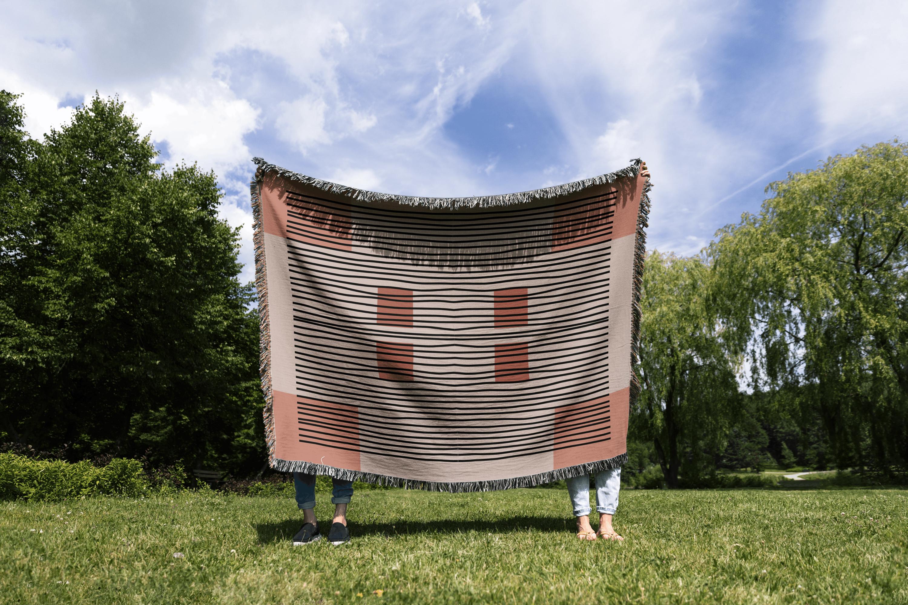 Linear Abstract Woven Cotton Blanket In Terracotta And Black