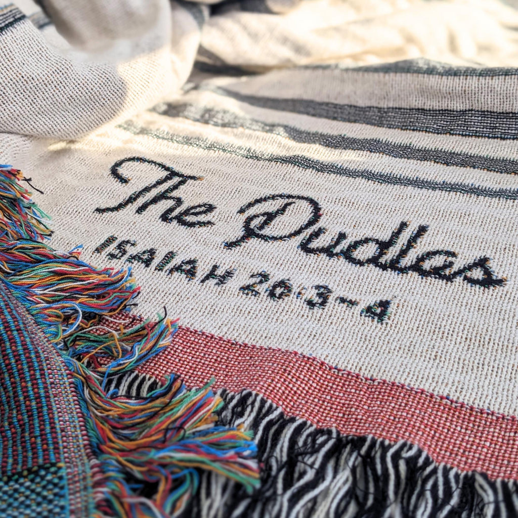 Personalized Woven Throw Blanket | Modern Boho Stripes, Unique Gift for Wedding Engagement Anniversary Keepsake, Family or Couple Last Name