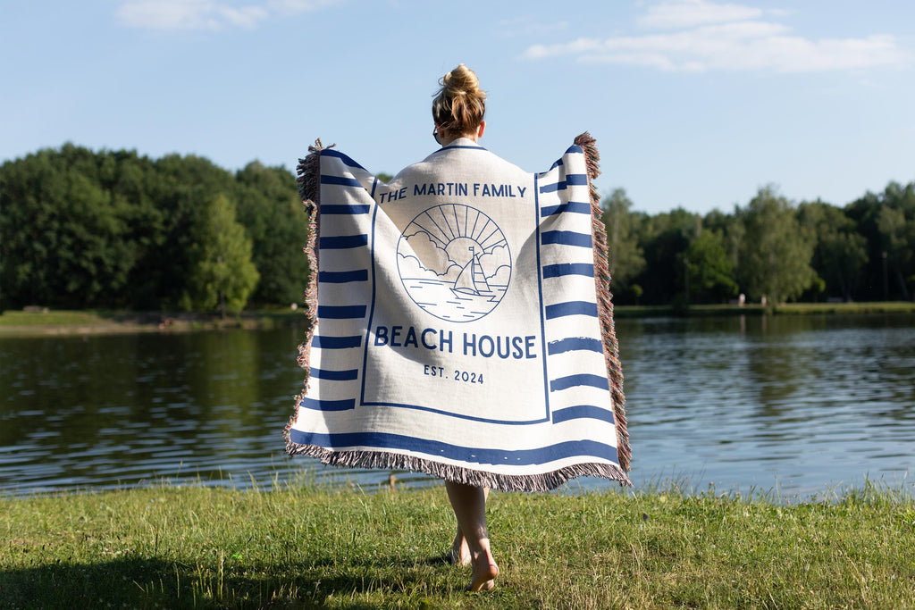 Personalized Vowen Blanket for Beach House Owner, Beach House Decoration Woven Throw, Family Name Blanket Beach House, Beach House Gifts
