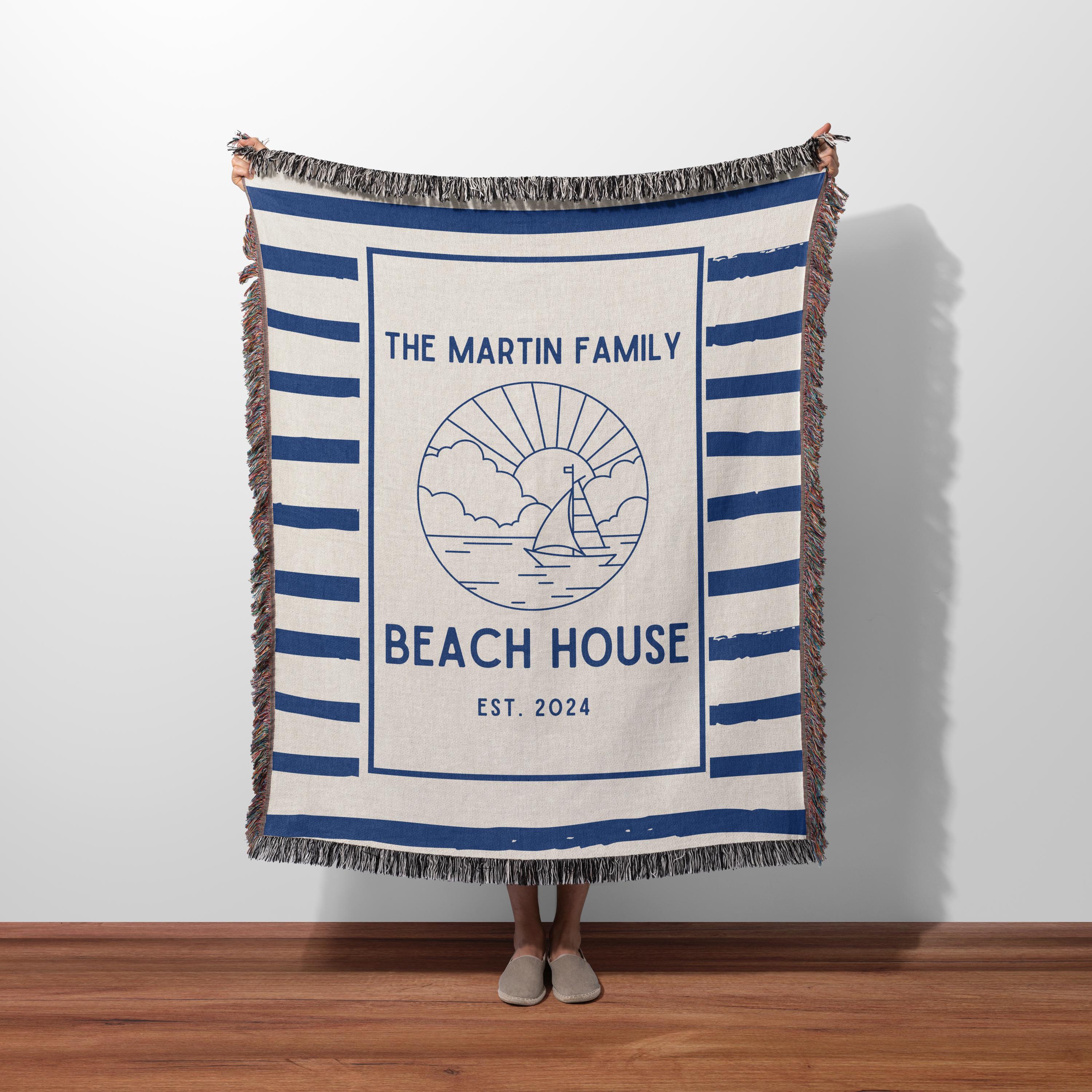 Personalized Vowen Blanket for Beach House Owner, Beach House Decoration Woven Throw, Family Name Blanket Beach House, Beach House Gifts