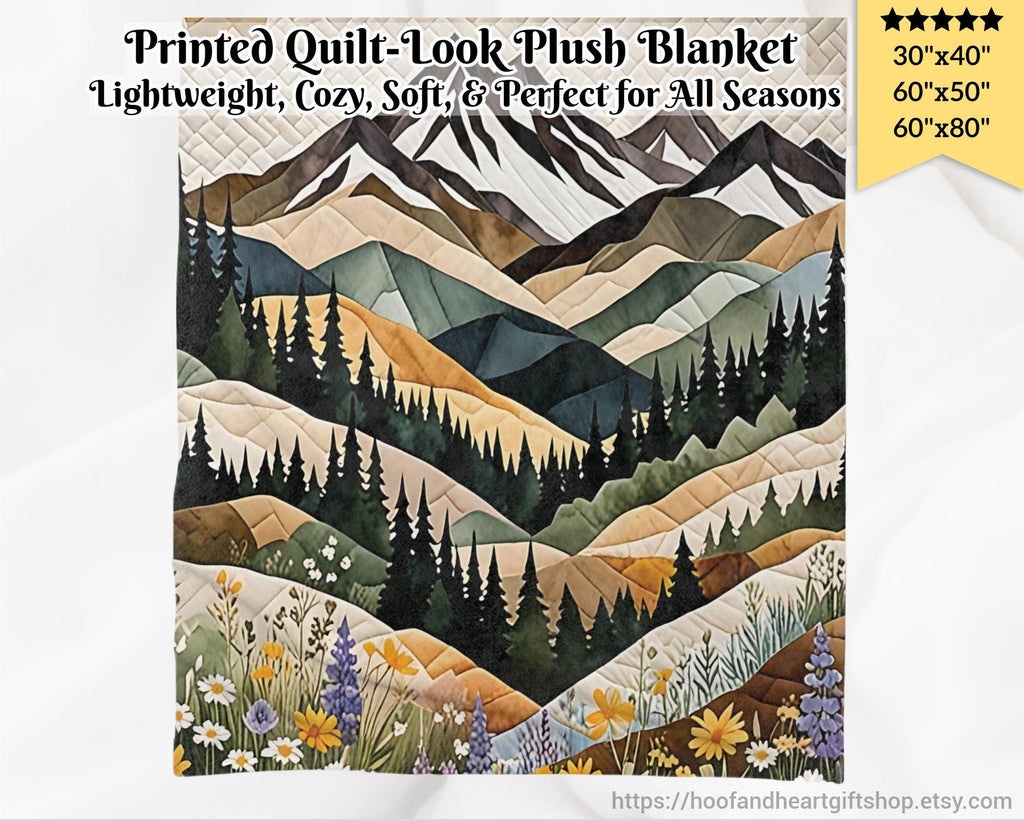 Mountain Forest Wildflowers Plush Blanket, Printed Quilt-Look Throw, Lightweight Soft Cozy 40"x30", 60"x50", 80"x60",