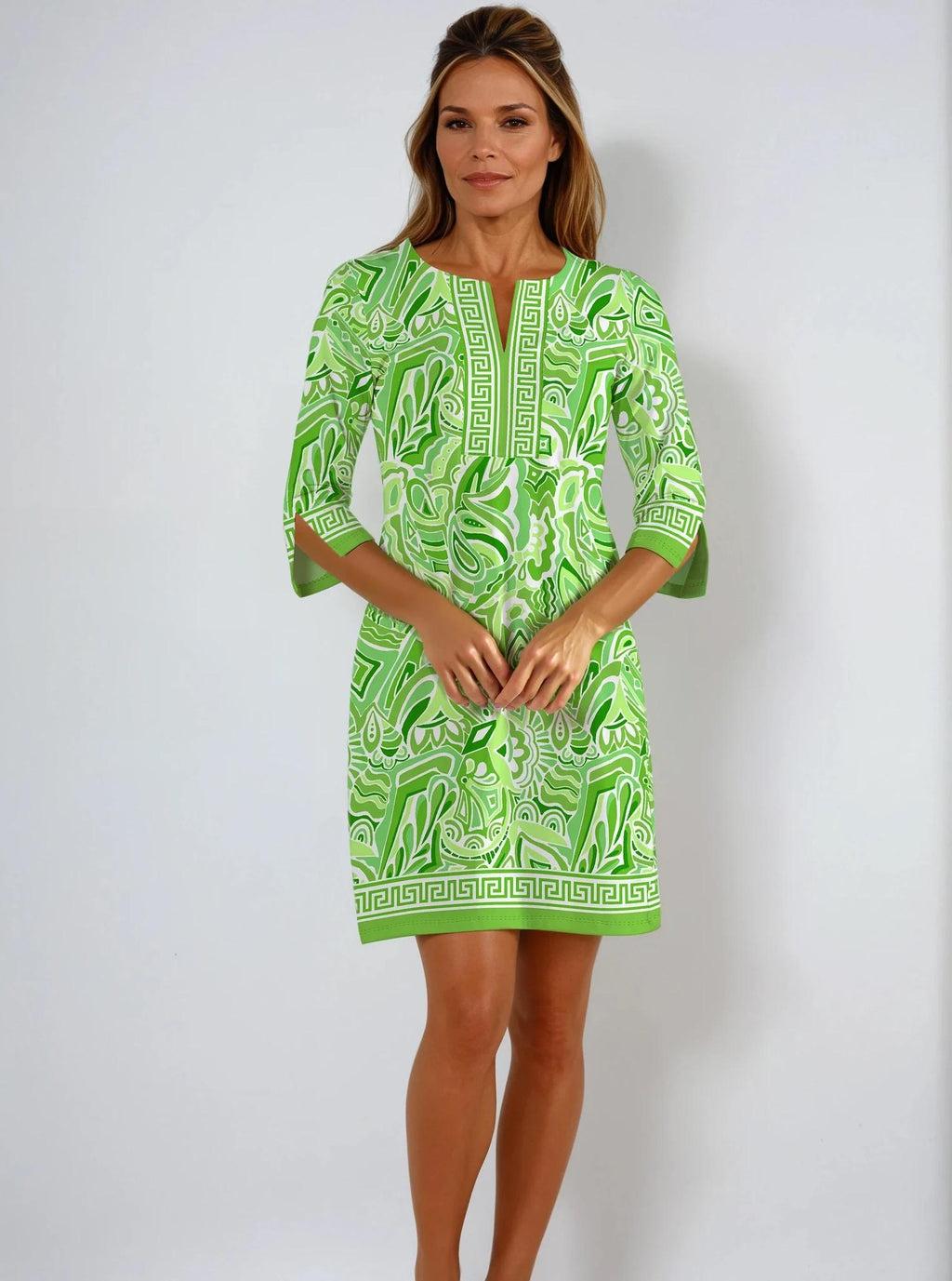 Women 3/4 Sleeve Slit Neck Historia Printed Cotton Spandex Knitted Dress