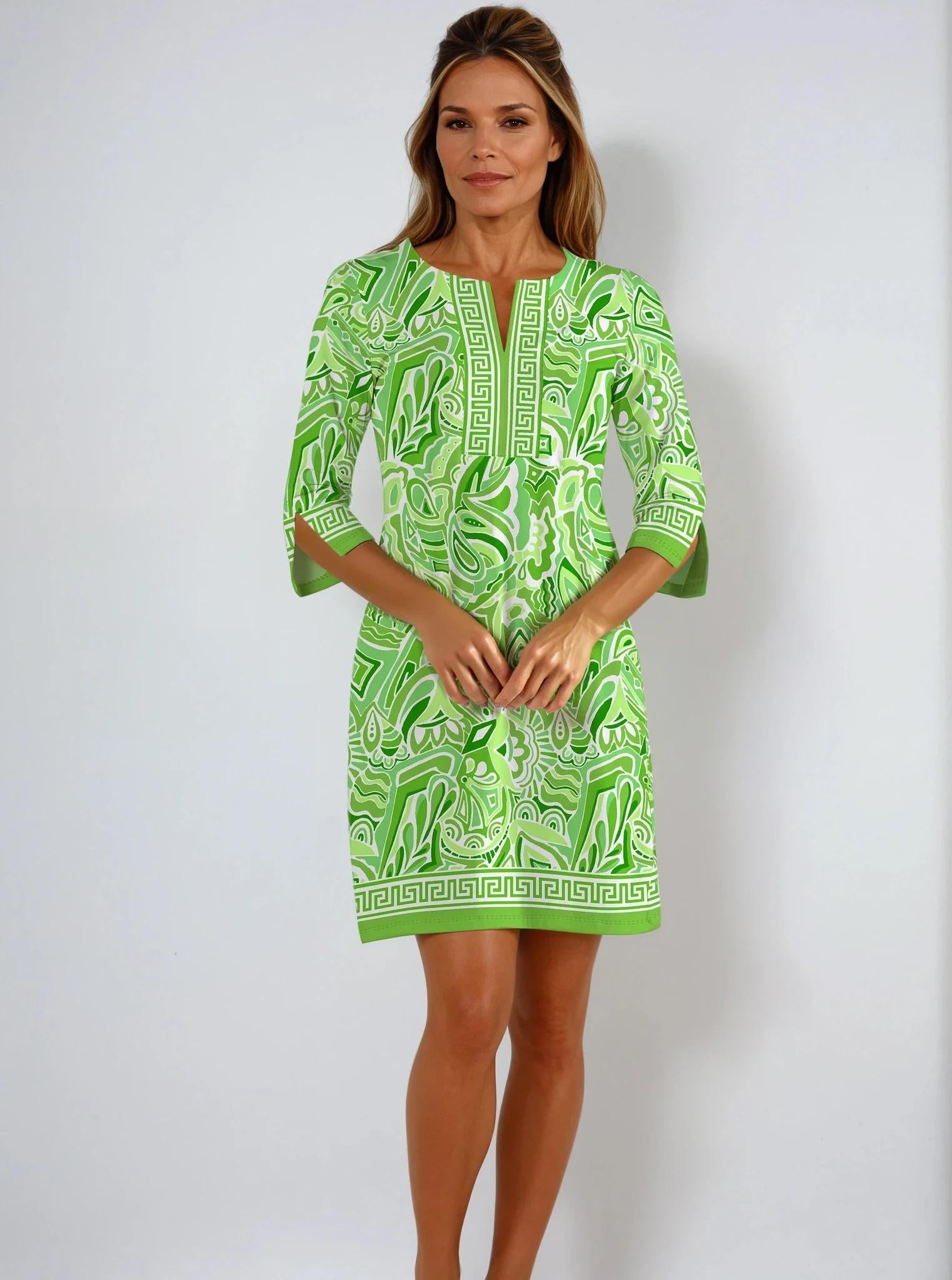 Women 3/4 Sleeve Slit Neck Historia Printed Cotton Spandex Knitted Dress