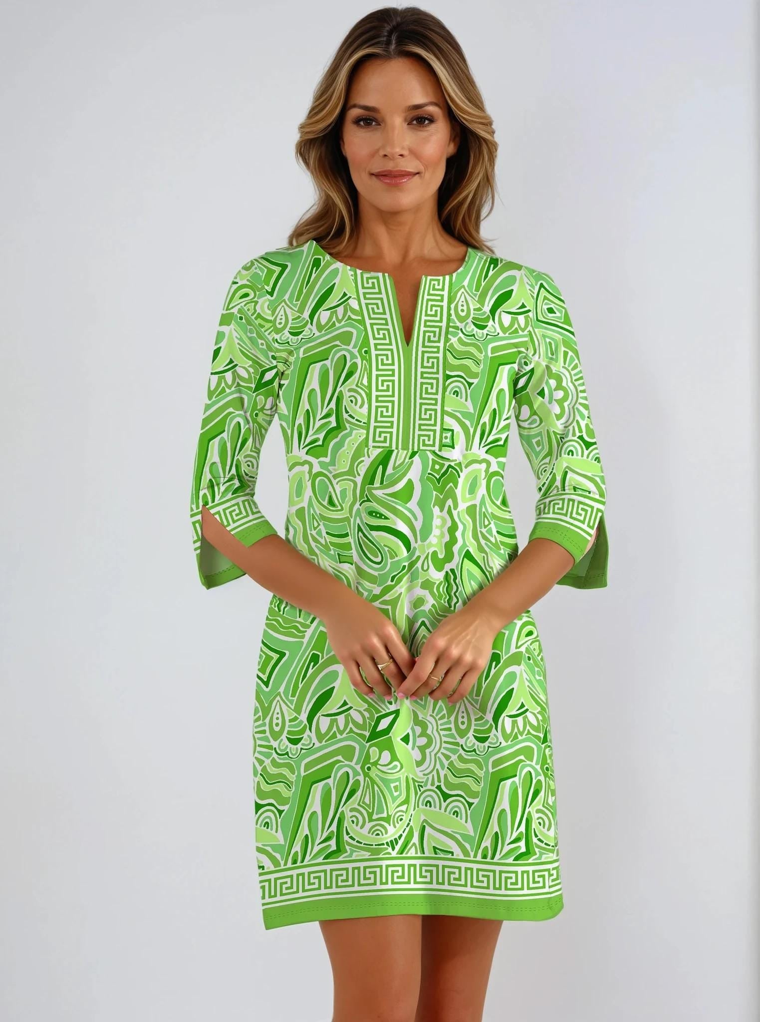 Women 3/4 Sleeve Slit Neck Historia Printed Cotton Spandex Knitted Dress