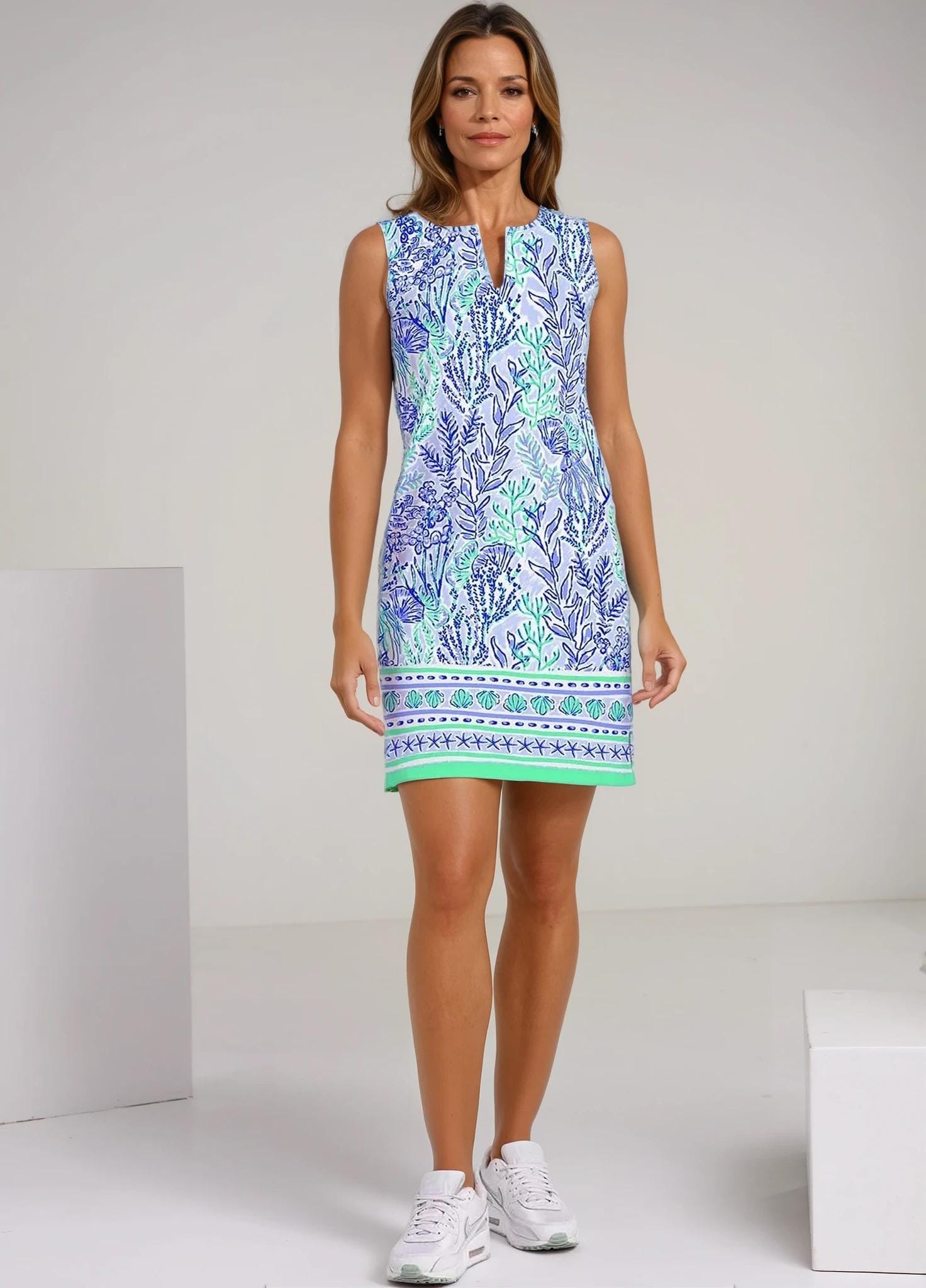Women Sleeve Less Dress Deep Sea Blue Printed Cotton Spandex Knitted Summer Dress