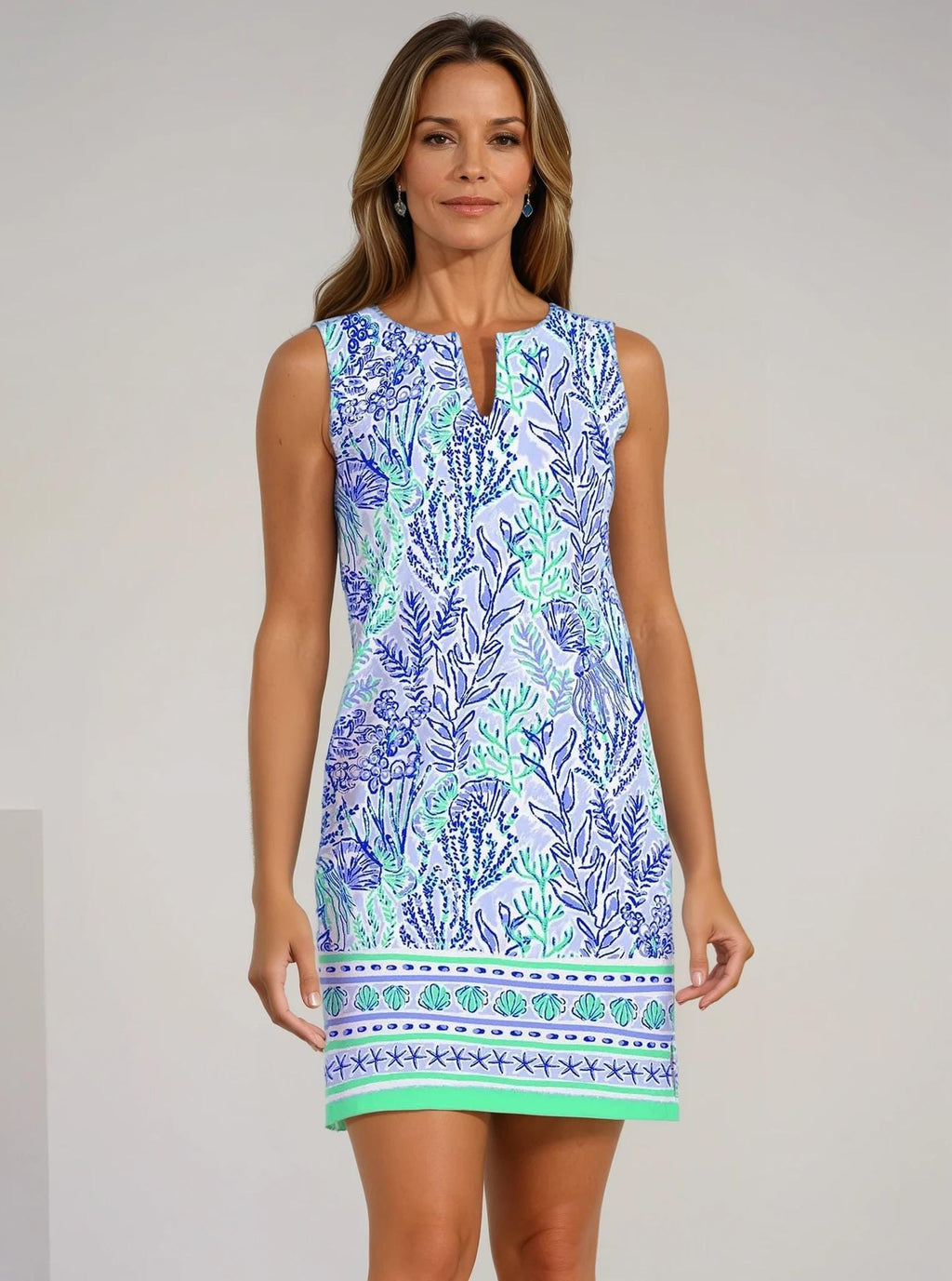 Women Sleeve Less Dress Deep Sea Blue Printed Cotton Spandex Knitted Summer Dress