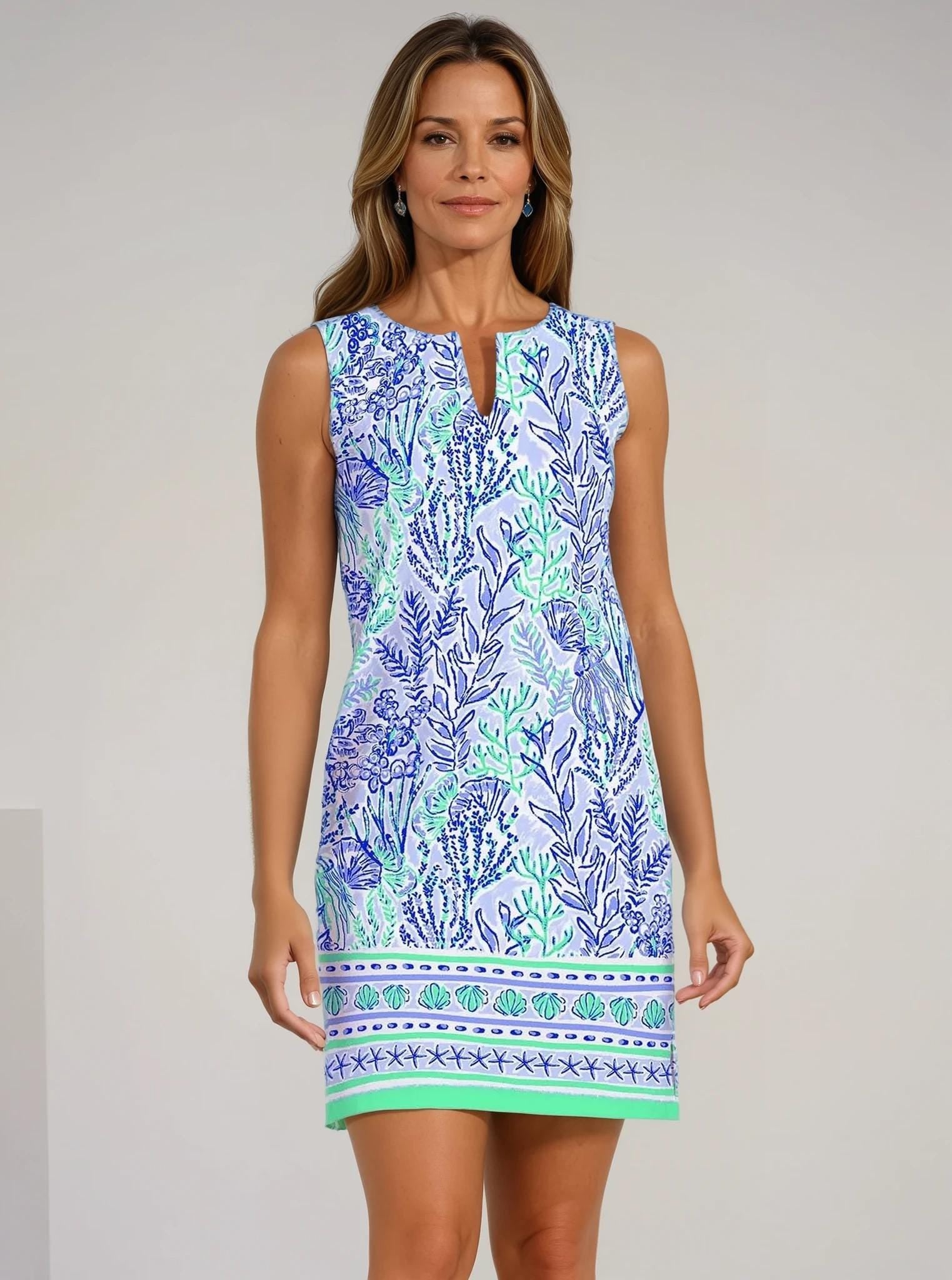 Women Sleeve Less Dress Deep Sea Blue Printed Cotton Spandex Knitted Summer Dress