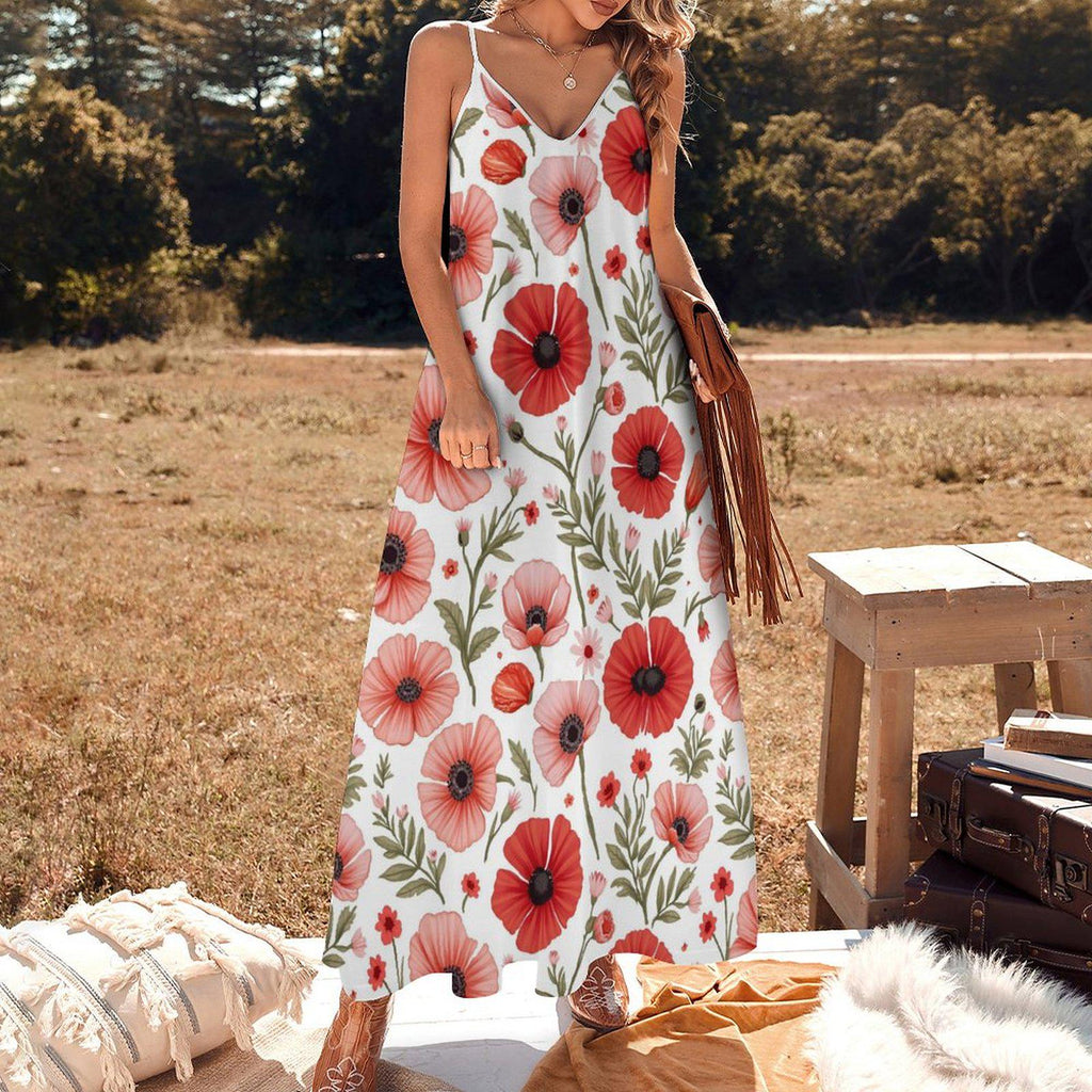 Poppy Floral Ankle-Length Slip Dress: Summer Wildflower Elegance
