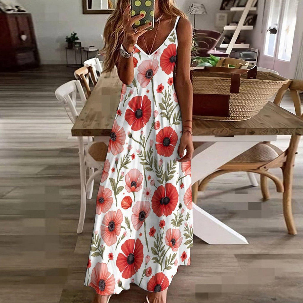 Poppy Floral Ankle-Length Slip Dress: Summer Wildflower Elegance